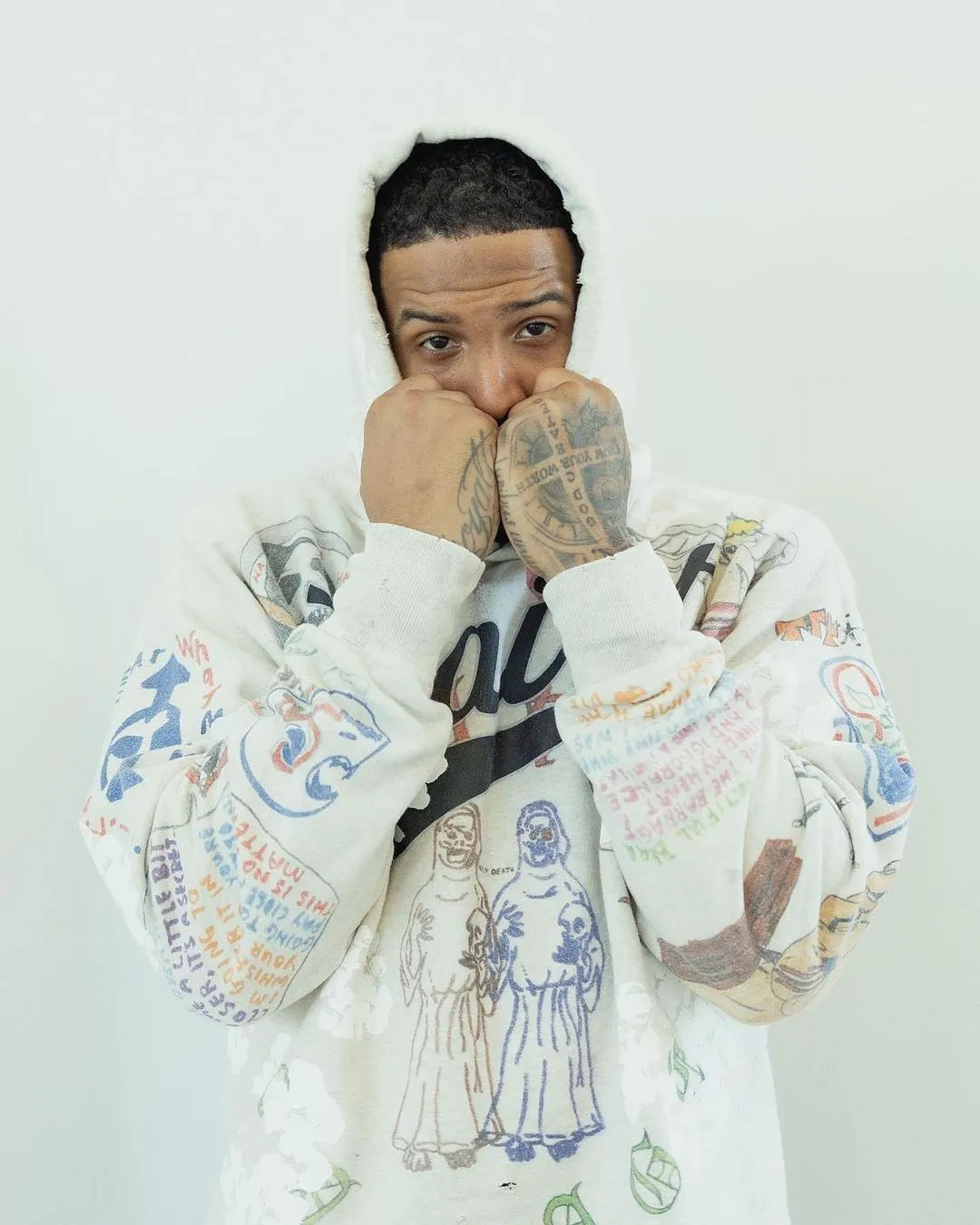 DENIM TEARS × ©SAINT M×××××× "SAINT TEARS" Graffiti Hoodie Joint Model Cotton Graffiti Hoodie Fully Printed Washed Distressed Holes Vintage Sweatshirt Gray S-XL Super Heavy Duty! The whole piece is printed with 35 screens and counterpoint printing!
